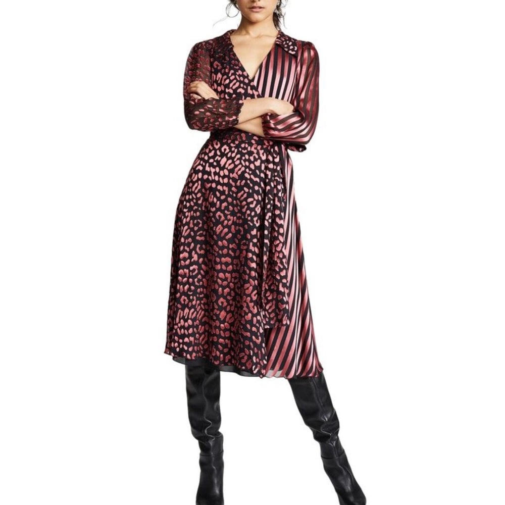 Alice And Olivia Abigail Wrap Midi Dress Size 4 Silk Blend Party Leopard Striped
